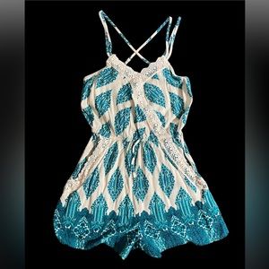 Xhilaration Lace Cross Strap Romper Teal/Cream